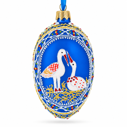 Storks Family Glass Egg Ornament 4 Inches