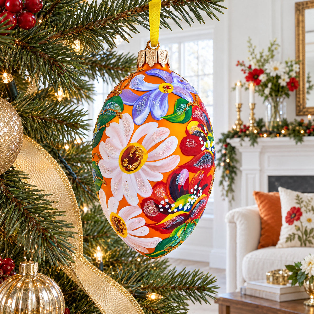 Poppy & Daisy Flowers Glass Egg Ornament 4 Inches