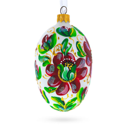 Red Flowers On White Glass Egg Ornament 4 Inches