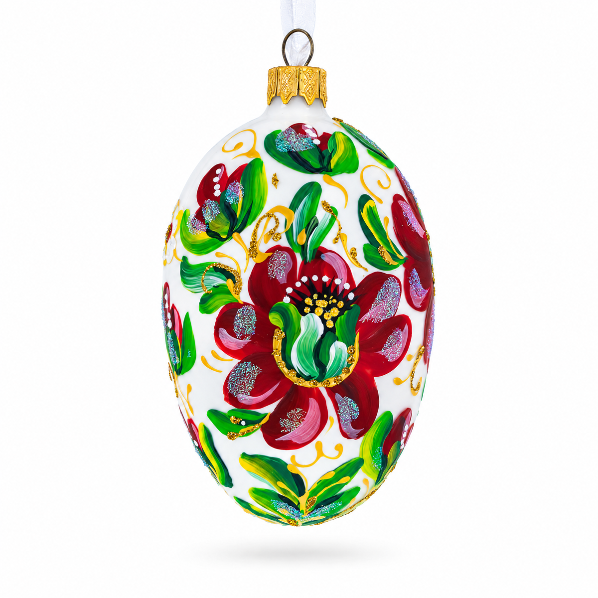 Red Flowers On White Glass Egg Ornament 4 Inches