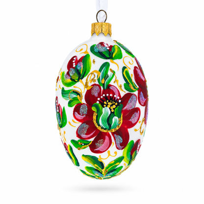 Red Flowers On White Glass Egg Ornament 4 Inches