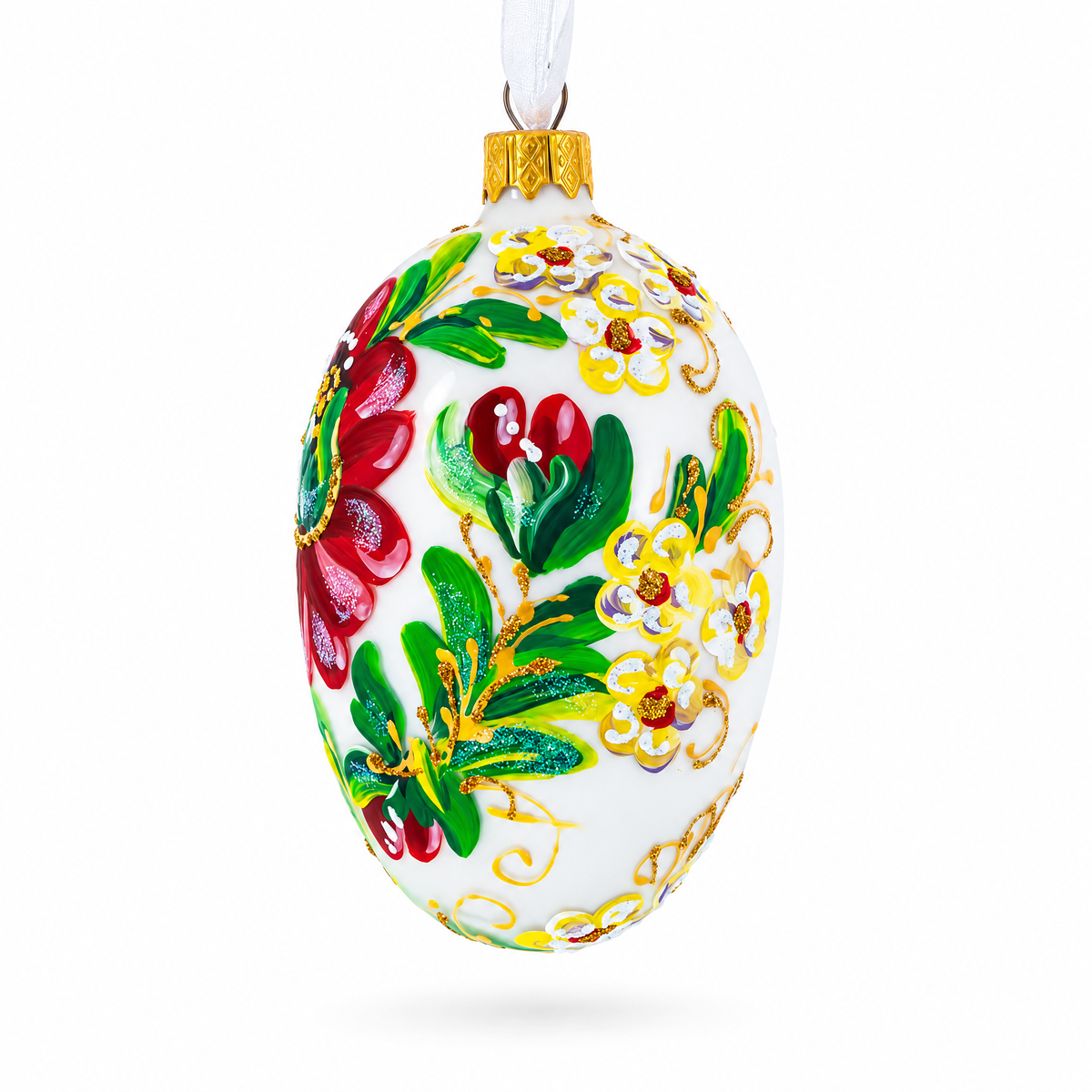 Red Flowers On White Glass Egg Ornament 4 Inches