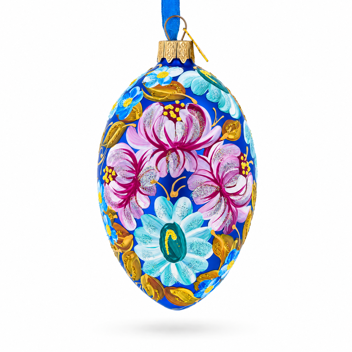 Multi Color Flowers Glass Egg Ornament 4 Inches