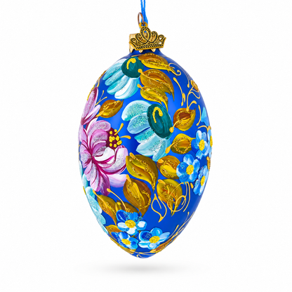 Multi Color Flowers Glass Egg Ornament 4 Inches
