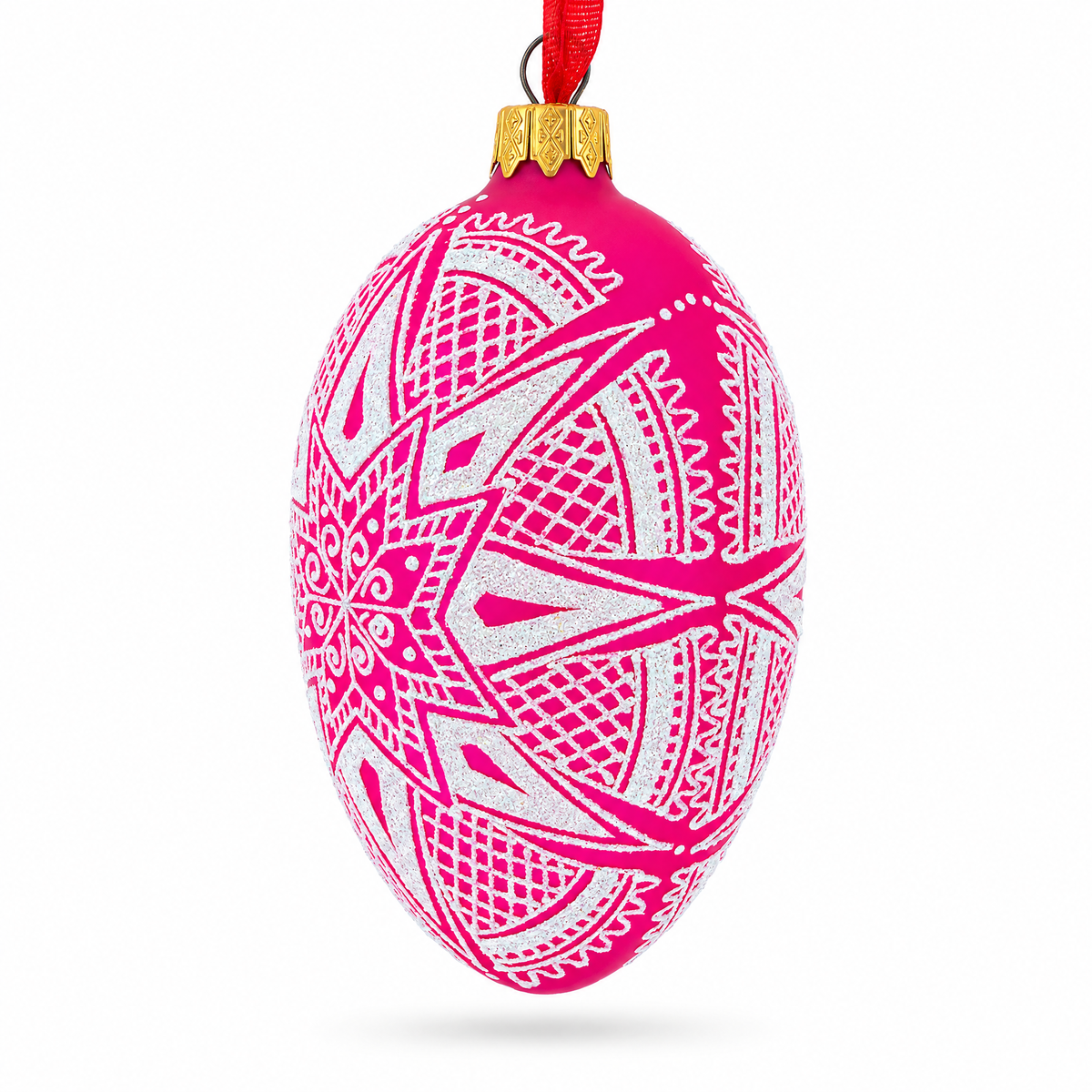 White Star Ukrainian Glass Egg Ornament 4 Inches