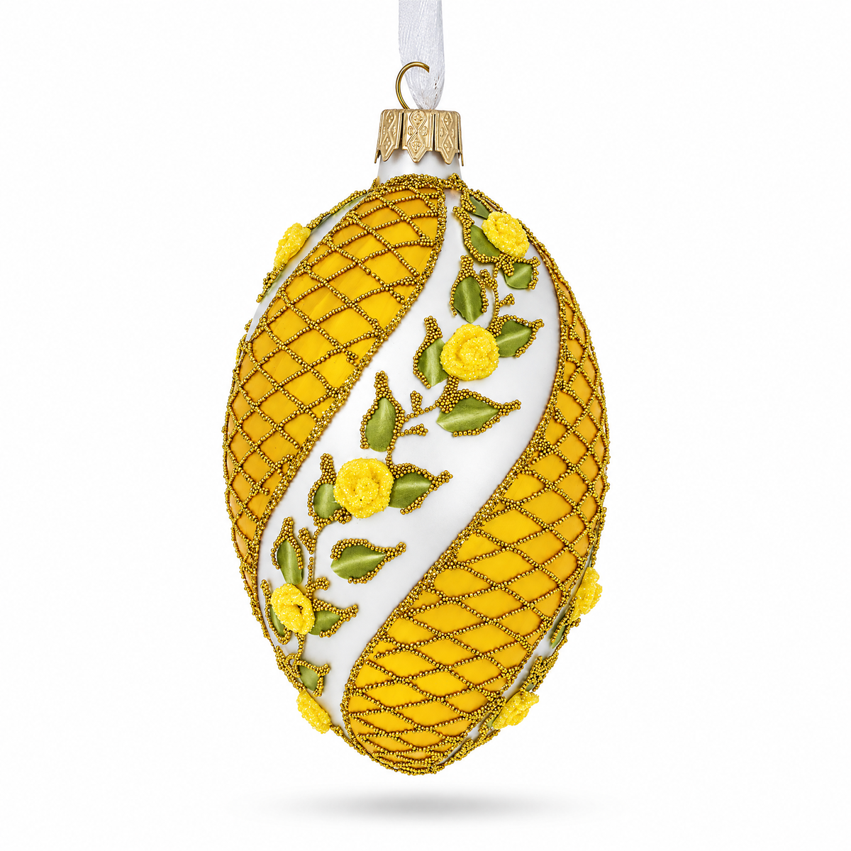 Yellow Flowers Glass Egg Christmas Ornament 4 Inches