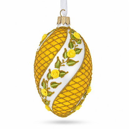 Yellow Flowers Glass Egg Christmas Ornament 4 Inches