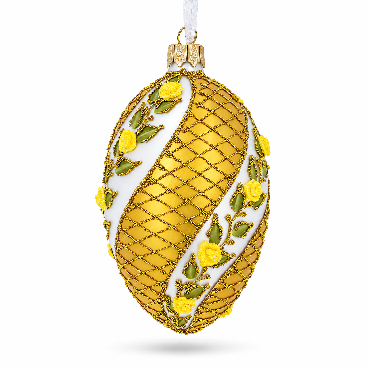 Yellow Flowers Glass Egg Christmas Ornament 4 Inches