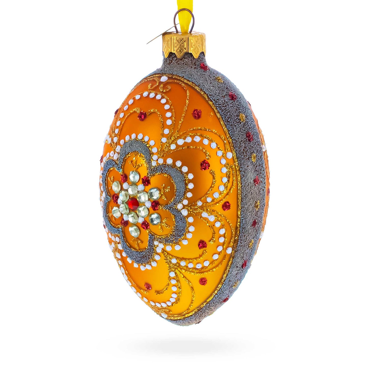 White Flower On Orange Glass Egg Ornament 4 Inches