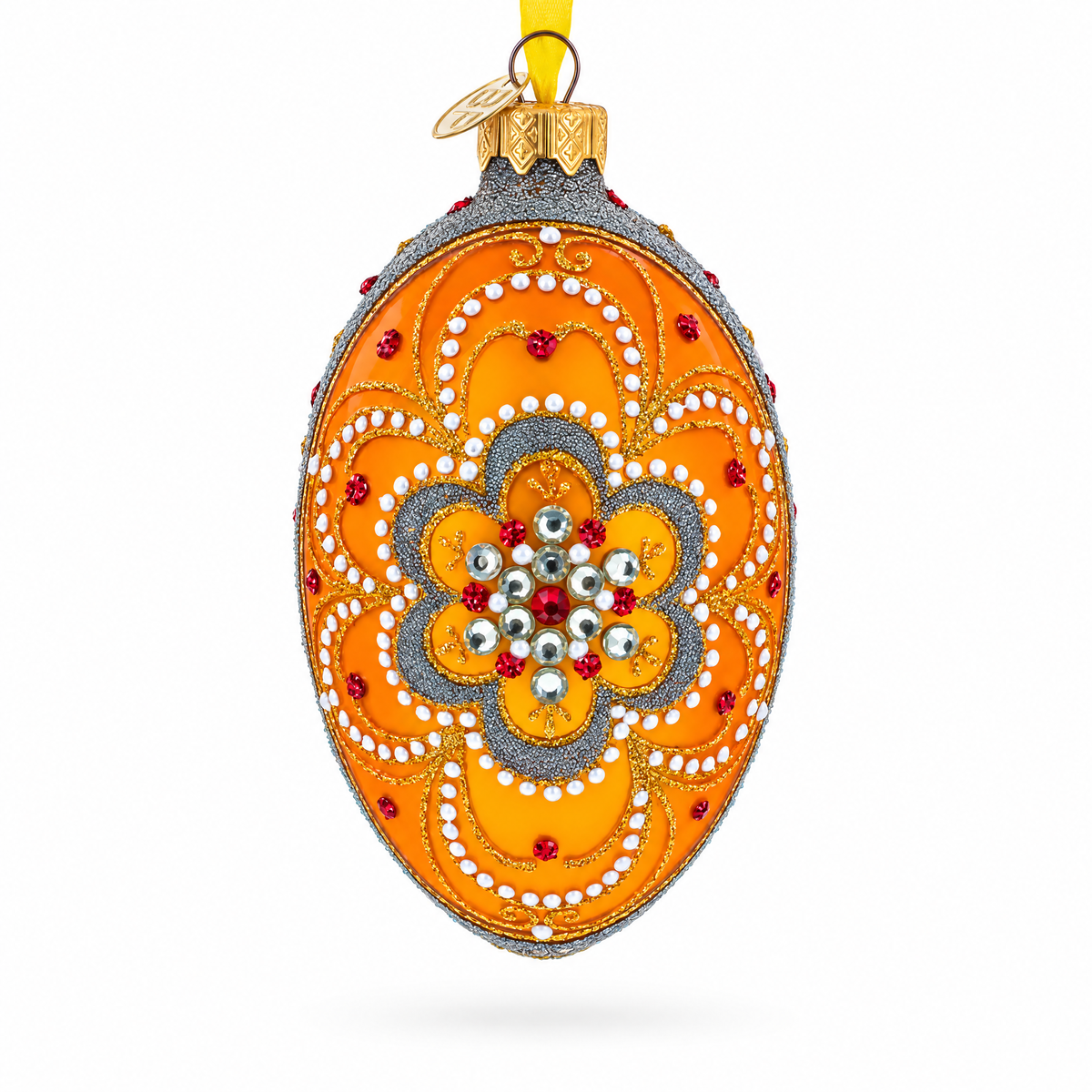White Flower On Orange Glass Egg Ornament 4 Inches
