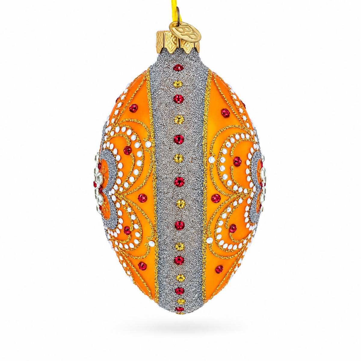 White Flower On Orange Glass Egg Ornament 4 Inches