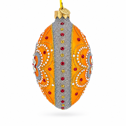 White Flower On Orange Glass Egg Ornament 4 Inches