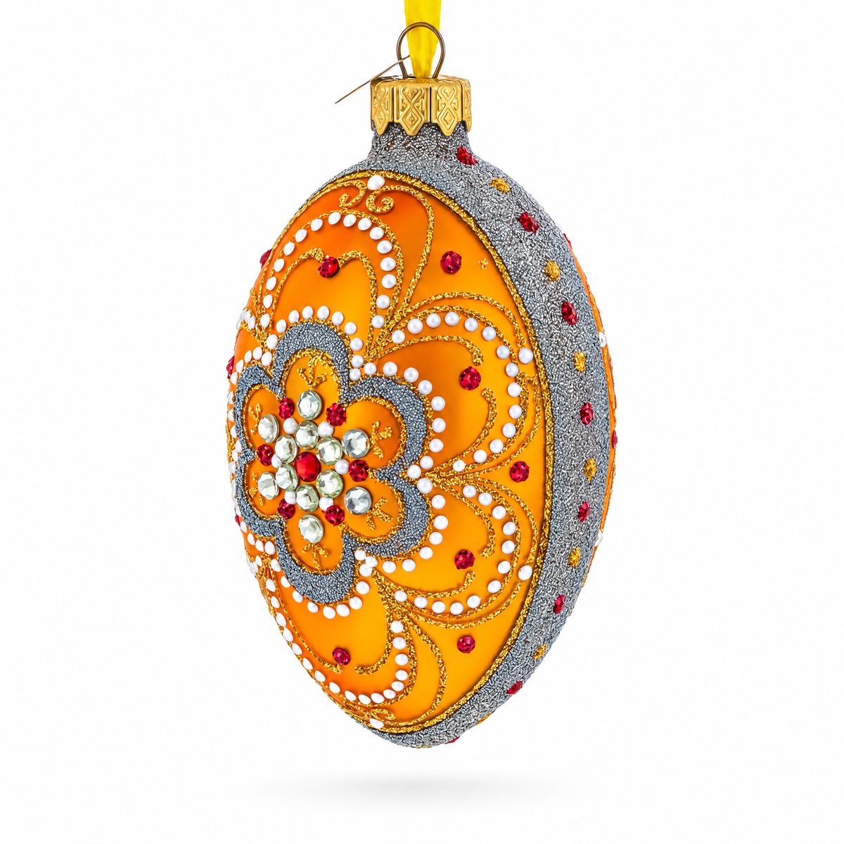 White Flower On Orange Glass Egg Ornament 4 Inches