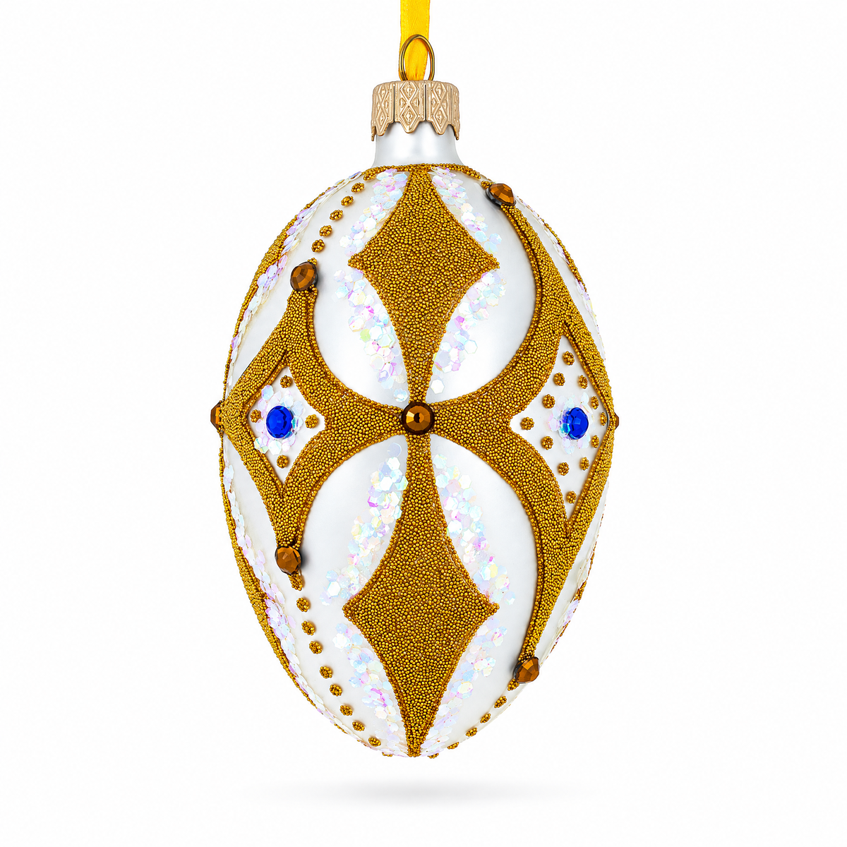 Golden Rhombus On White Glass Egg Ornament 4 Inches