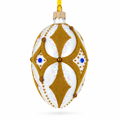 Golden Rhombus On White Glass Egg Ornament 4 Inches