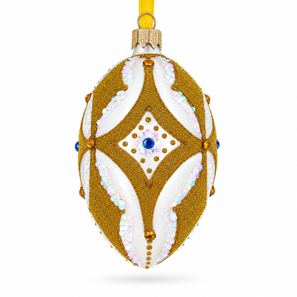 Golden Rhombus On White Glass Egg Ornament 4 Inches