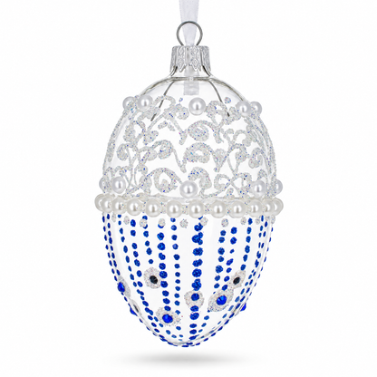 Pearls on Frosted Glass Egg Ornament 4 Inches