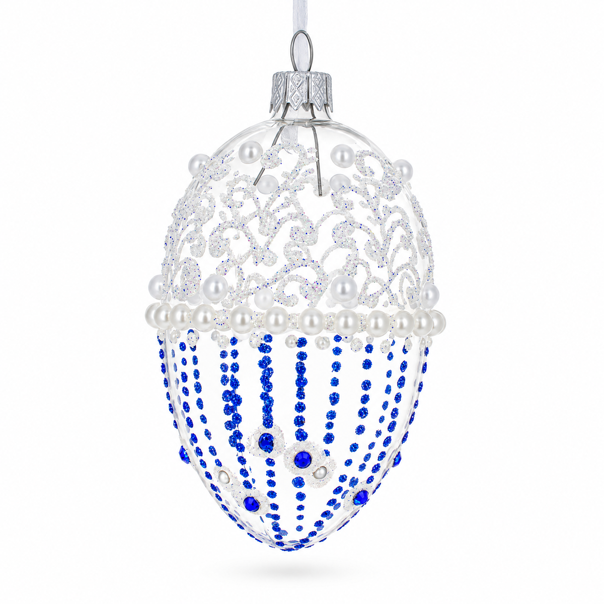 Pearls on Frosted Glass Egg Ornament 4 Inches