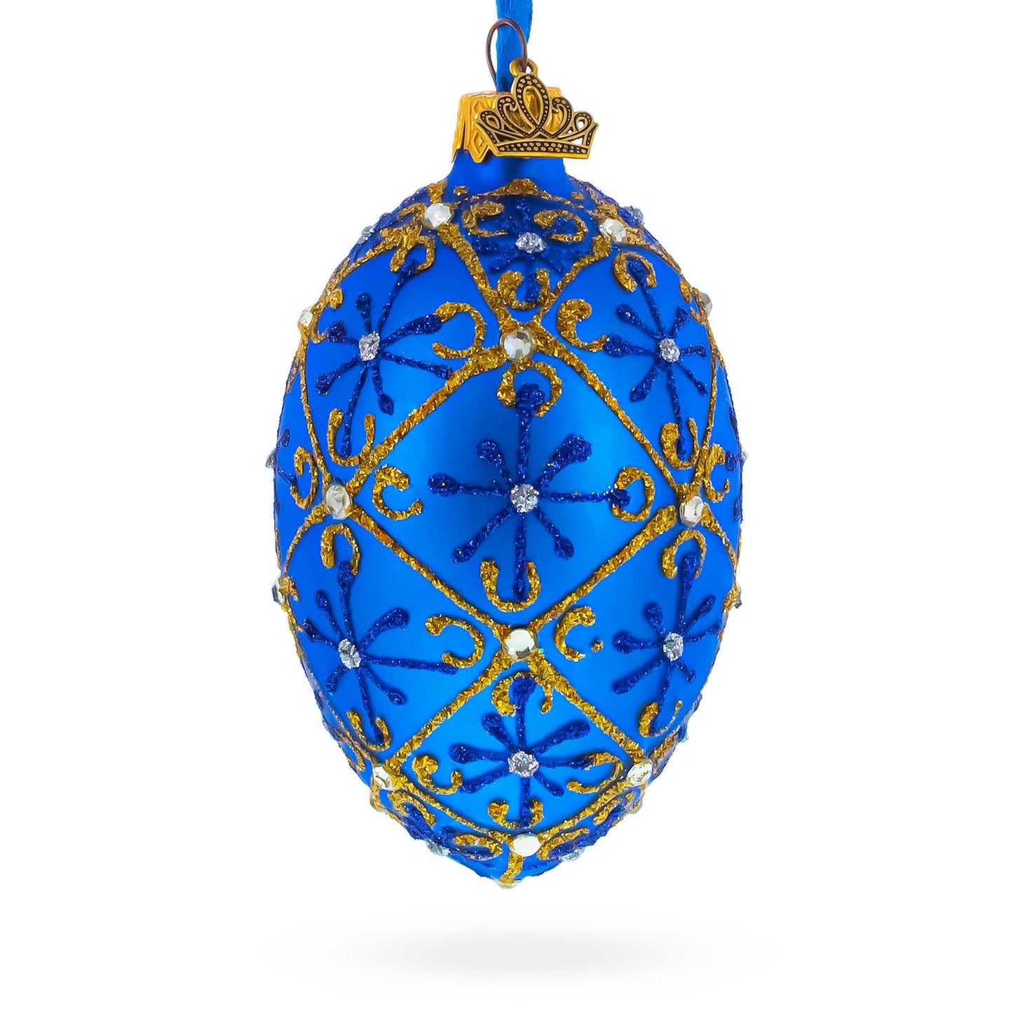Jeweled Trellis On Blue Glass Egg Ornament 4 Inches