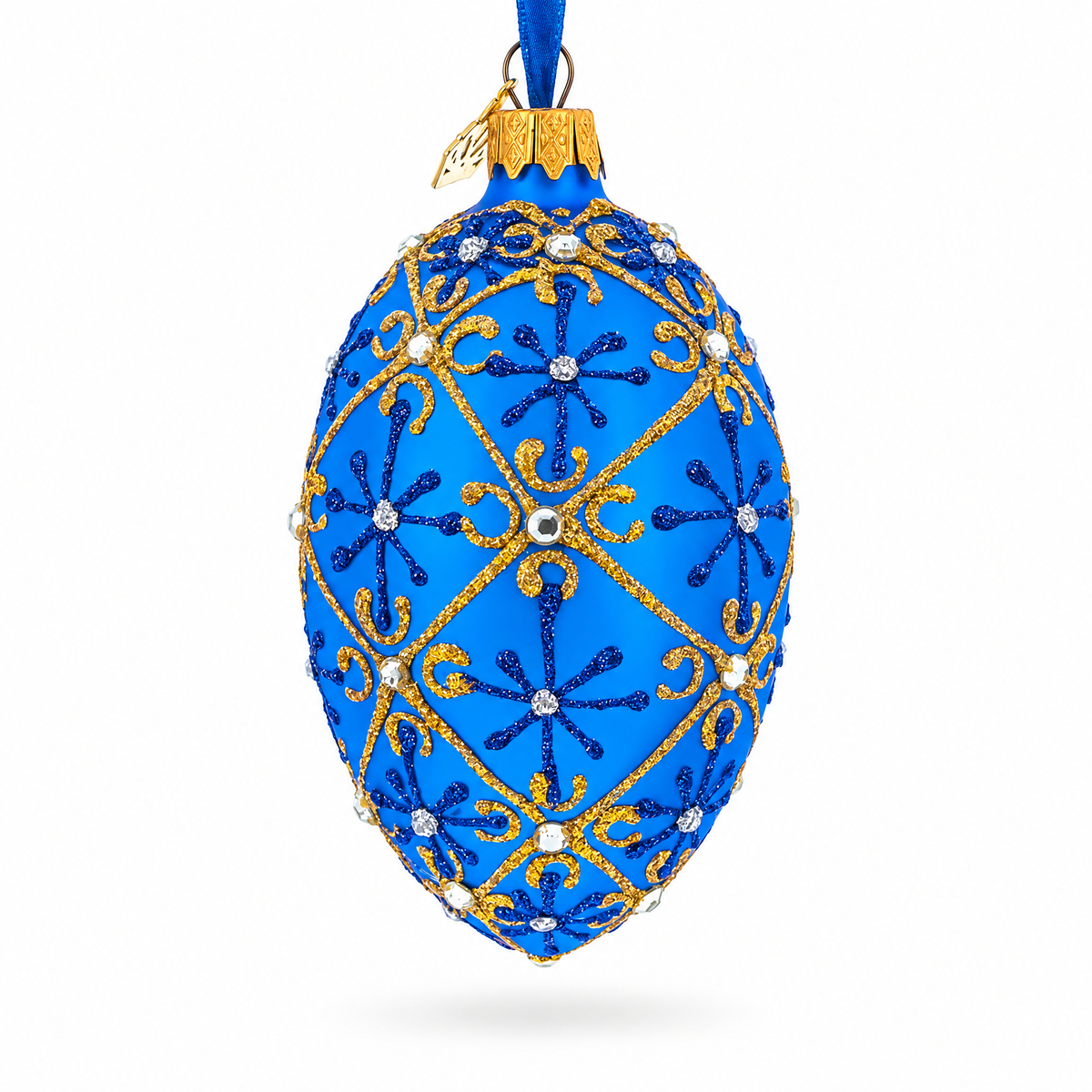 Jeweled Trellis On Blue Glass Egg Ornament 4 Inches