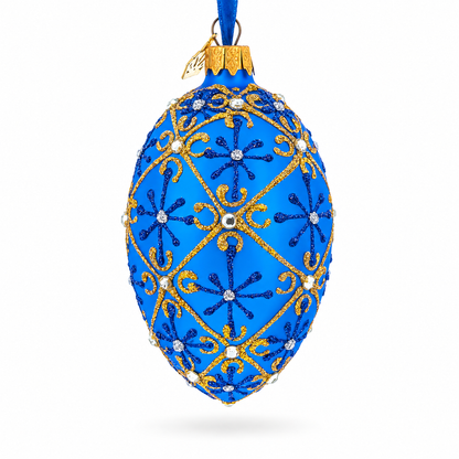 Jeweled Trellis On Blue Glass Egg Ornament 4 Inches