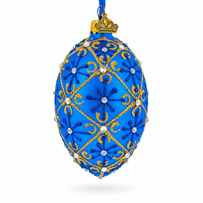 Jeweled Trellis On Blue Glass Egg Ornament 4 Inches