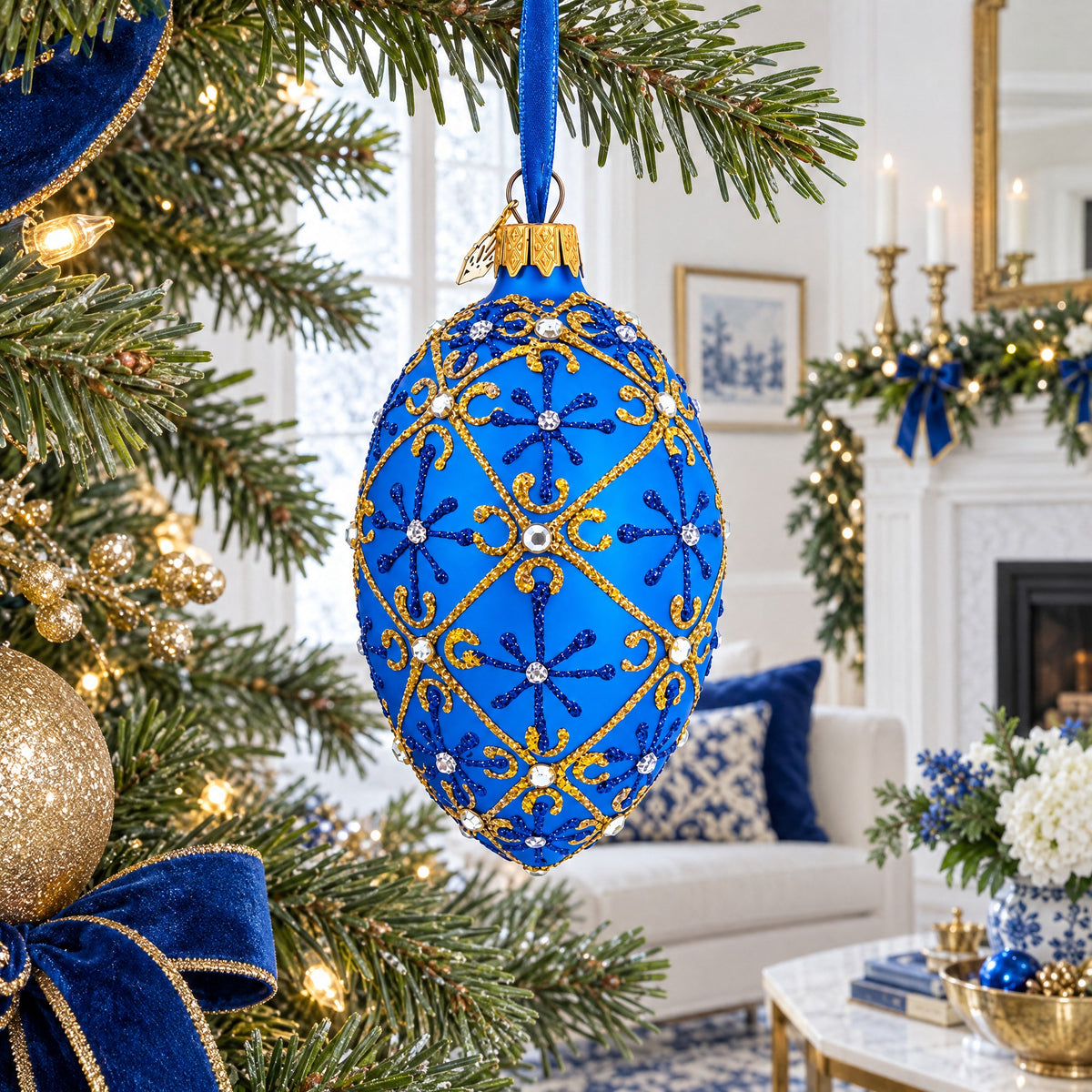 Jeweled Trellis On Blue Glass Egg Ornament 4 Inches