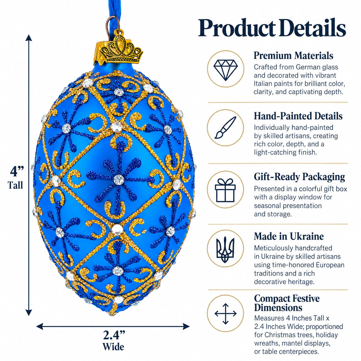 Jeweled Trellis On Blue Glass Egg Ornament 4 Inches