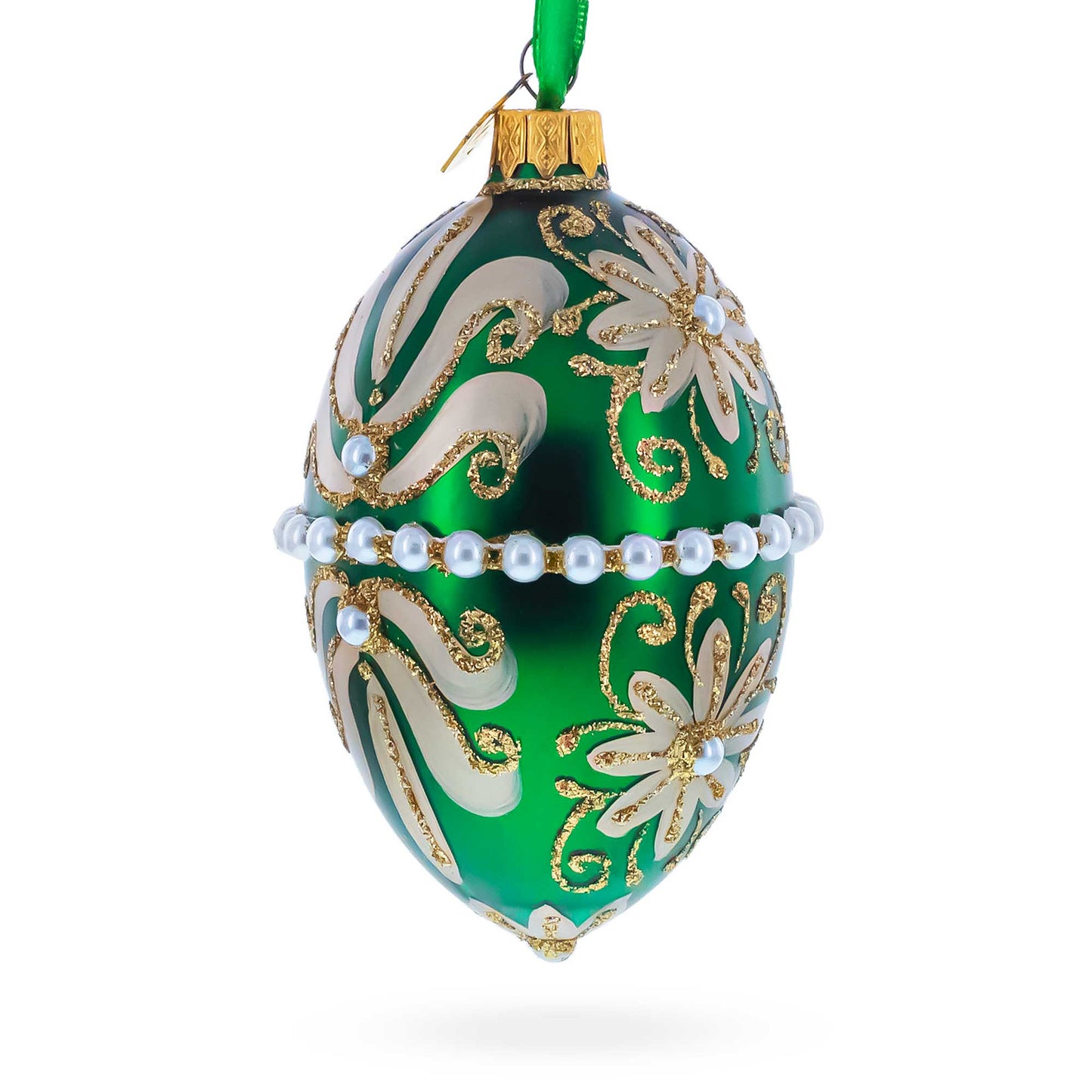Beaded Center & Golden Flowers On Green Glass Egg Ornament 4 Inches