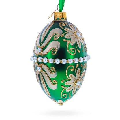 Beaded Center & Golden Flowers On Green Glass Egg Ornament 4 Inches