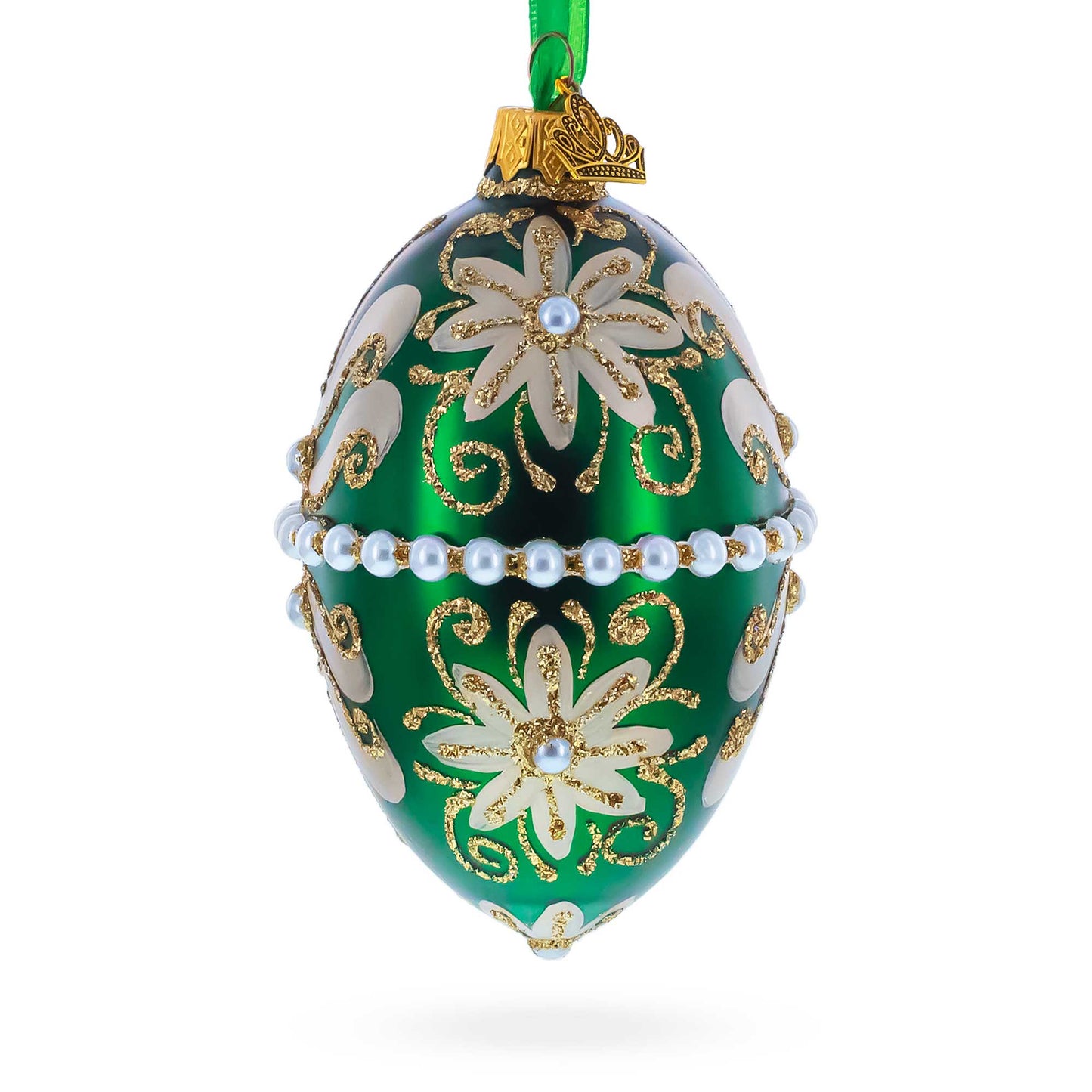 Beaded Center & Golden Flowers On Green Glass Egg Ornament 4 Inches