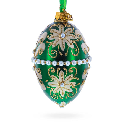 Beaded Center & Golden Flowers On Green Glass Egg Ornament 4 Inches