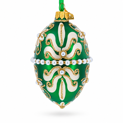 Beaded Center & Golden Flowers On Green Glass Egg Ornament 4 Inches