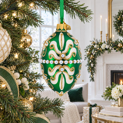 Beaded Center & Golden Flowers On Green Glass Egg Ornament 4 Inches