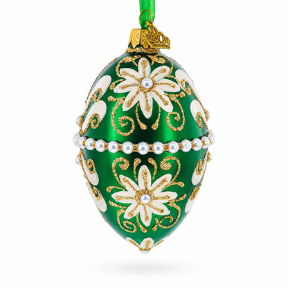 Beaded Center & Golden Flowers On Green Glass Egg Ornament 4 Inches