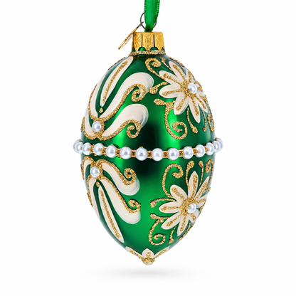 Beaded Center & Golden Flowers On Green Glass Egg Ornament 4 Inches