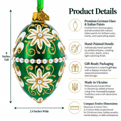 Beaded Center & Golden Flowers On Green Glass Egg Ornament 4 Inches