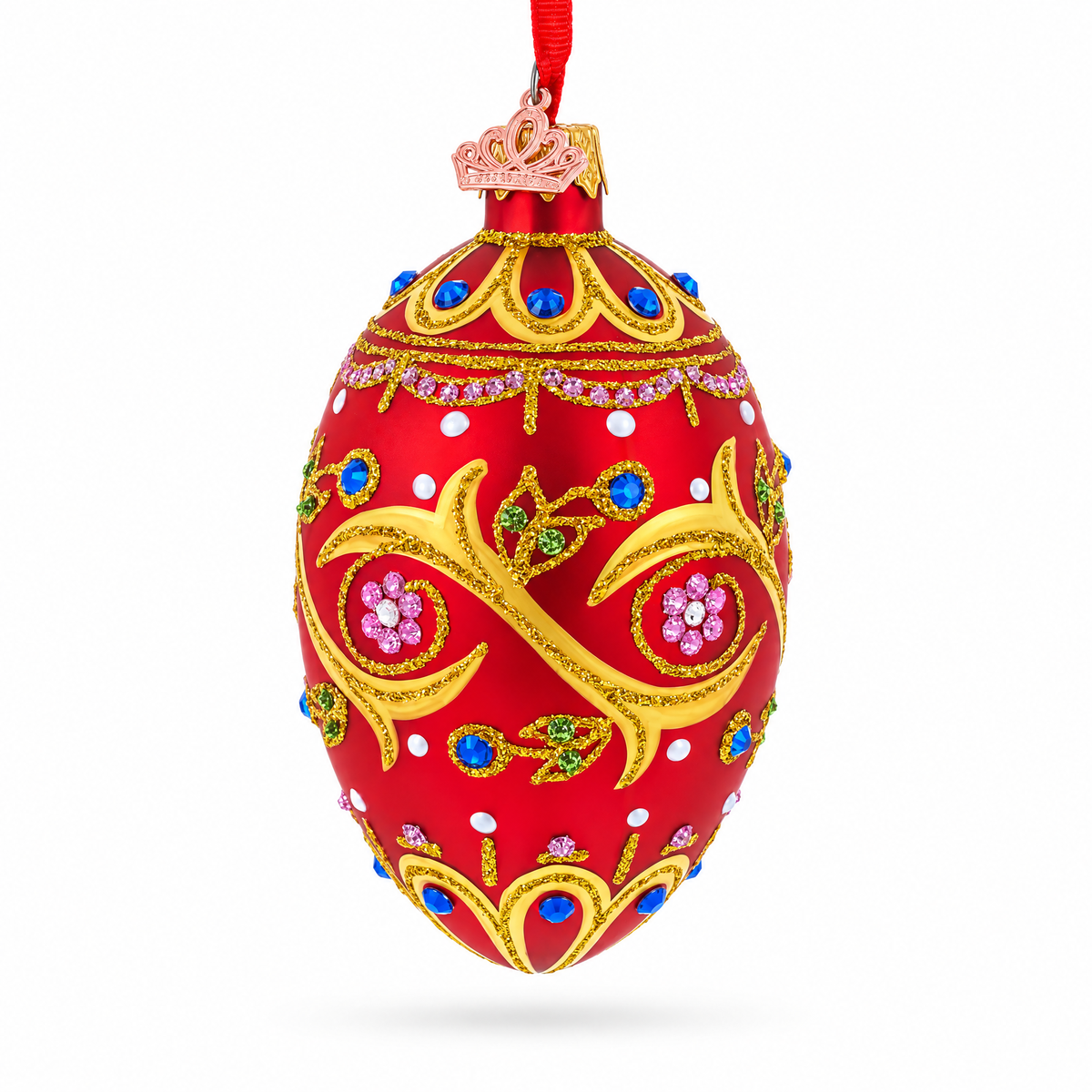 Blue Jewels On Red Glass Egg Ornament 4 Inches