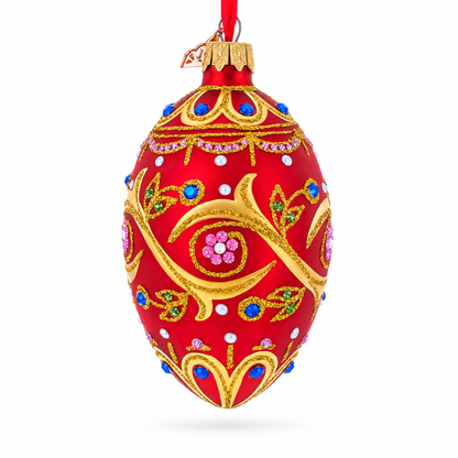 Blue Jewels On Red Glass Egg Ornament 4 Inches