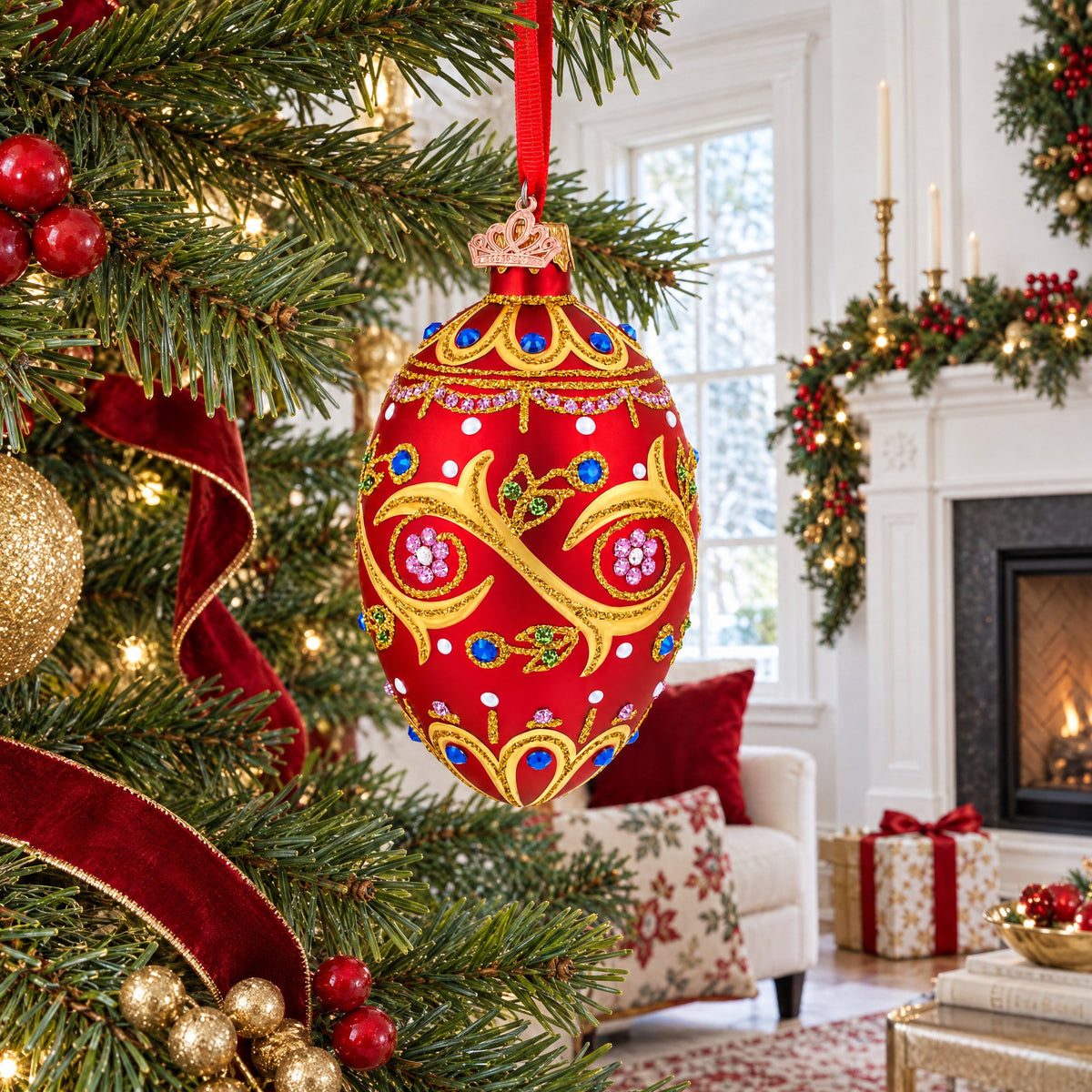 Blue Jewels On Red Glass Egg Ornament 4 Inches