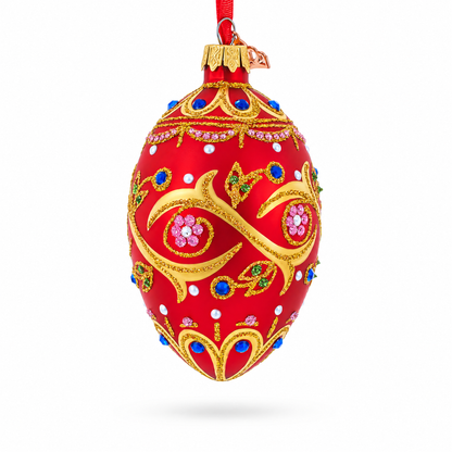 Blue Jewels On Red Glass Egg Ornament 4 Inches