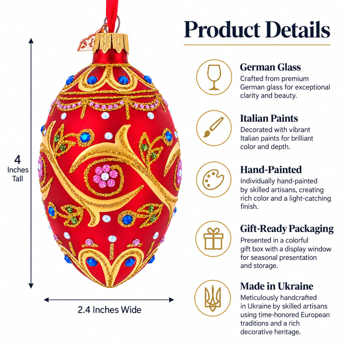 Blue Jewels On Red Glass Egg Ornament 4 Inches