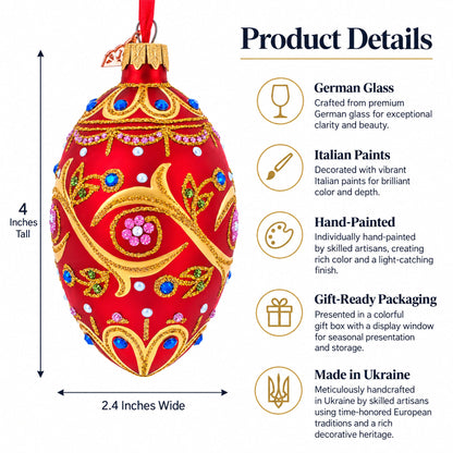 Blue Jewels On Red Glass Egg Ornament 4 Inches