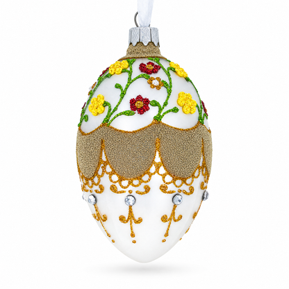 Multicolor Flowers On White Glass Egg Ornament 4 Inches