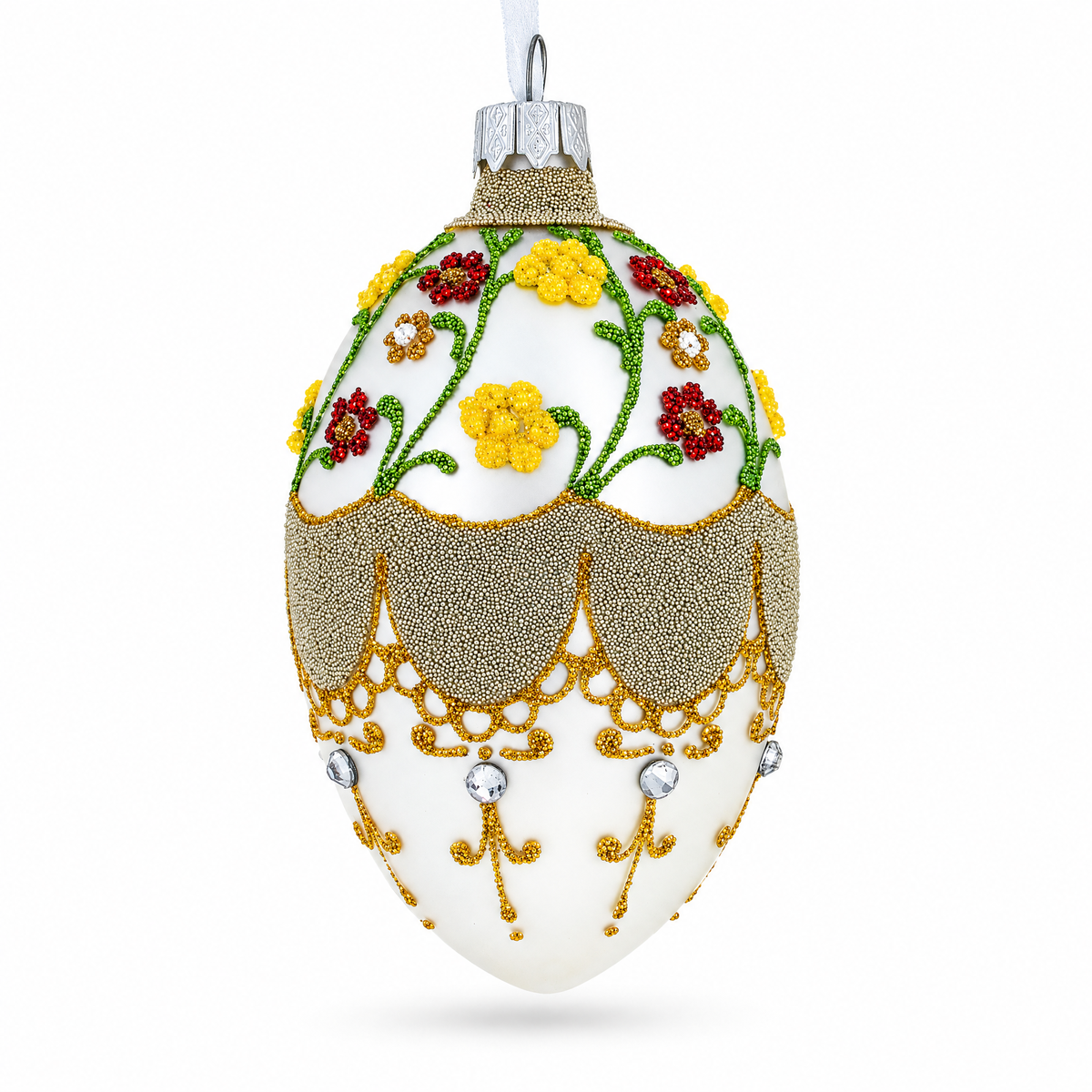 Multicolor Flowers On White Glass Egg Ornament 4 Inches