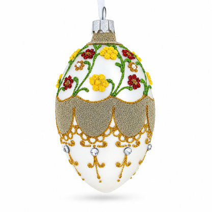 Multicolor Flowers On White Glass Egg Ornament 4 Inches