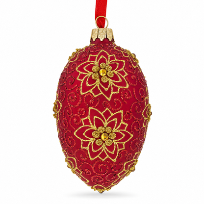 Golden Flower on Red Glass Egg Ornament 4 Inches
