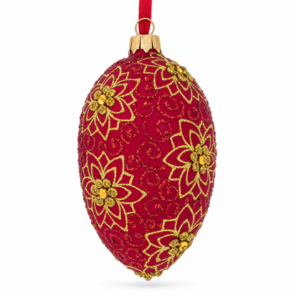 Golden Flower on Red Glass Egg Ornament 4 Inches