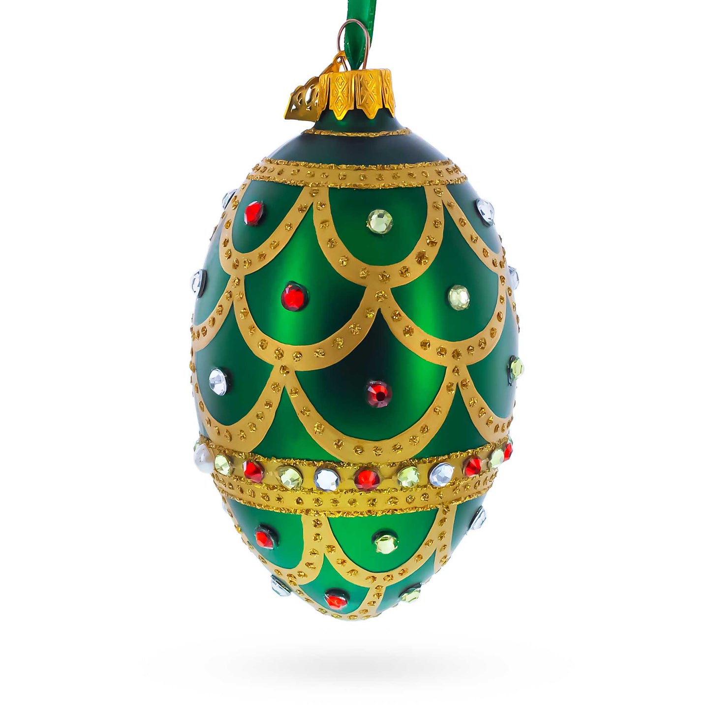Gold Scallop on Green Jeweled Egg Glass Ornament 4 Inches