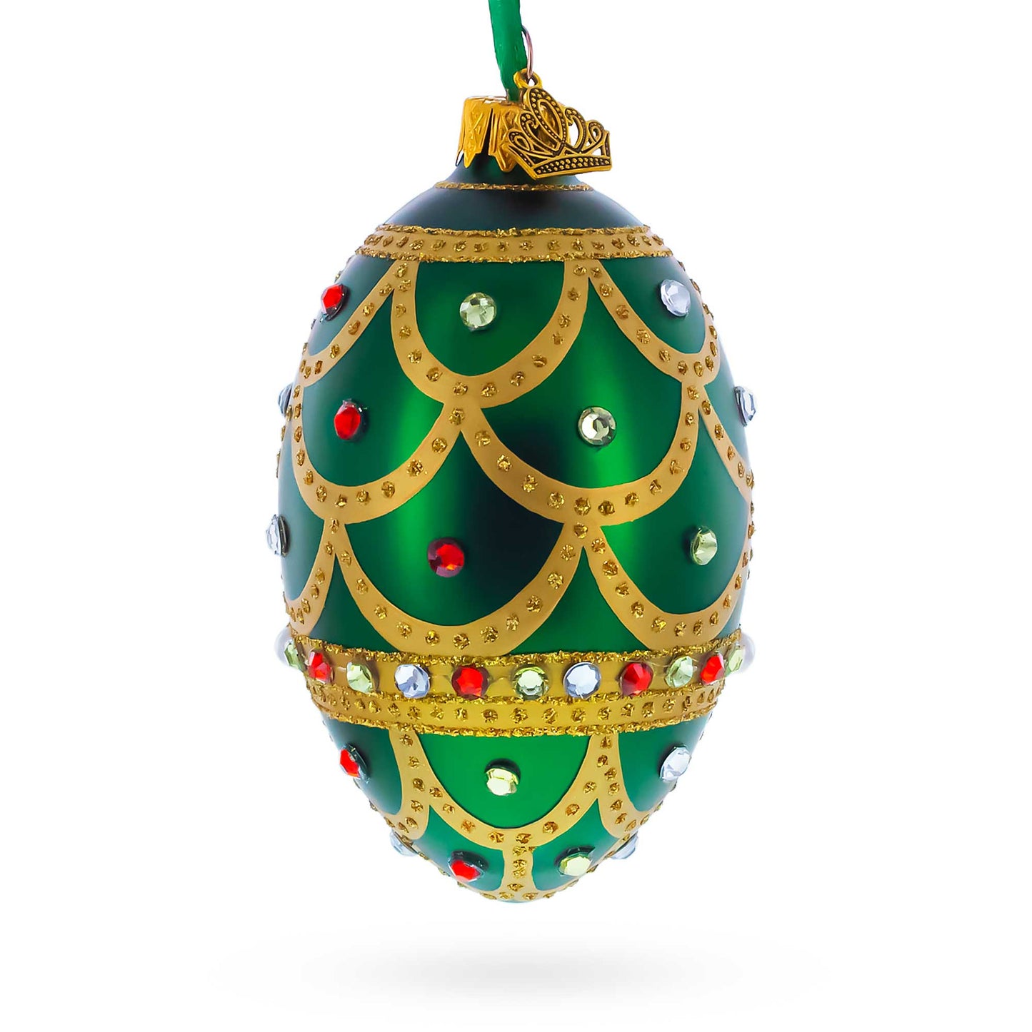 Gold Scallop on Green Jeweled Egg Glass Ornament 4 Inches